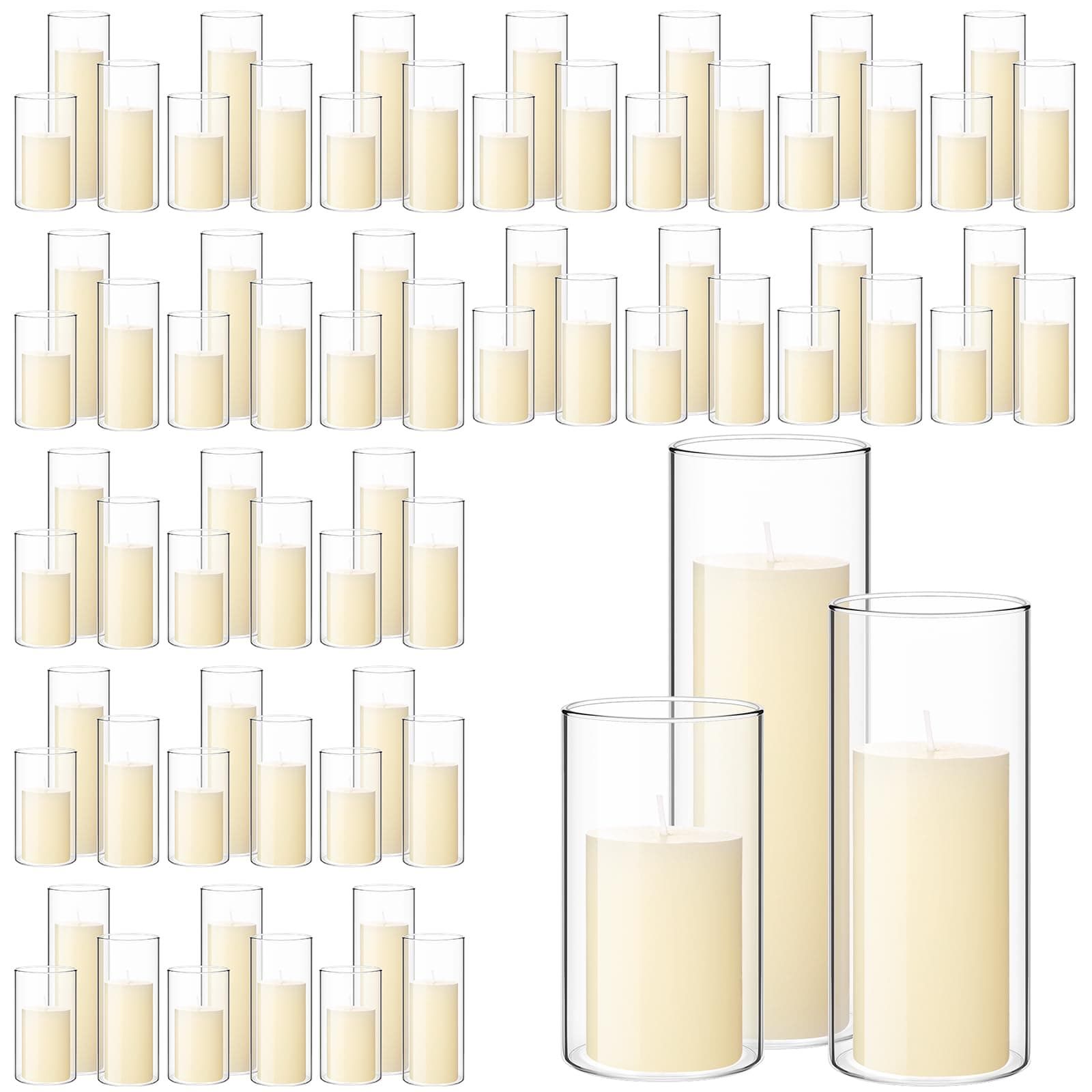 Shihanee Ivory White Clear Cylinder Holders for Slim Pillar Candles (144 Pcs)