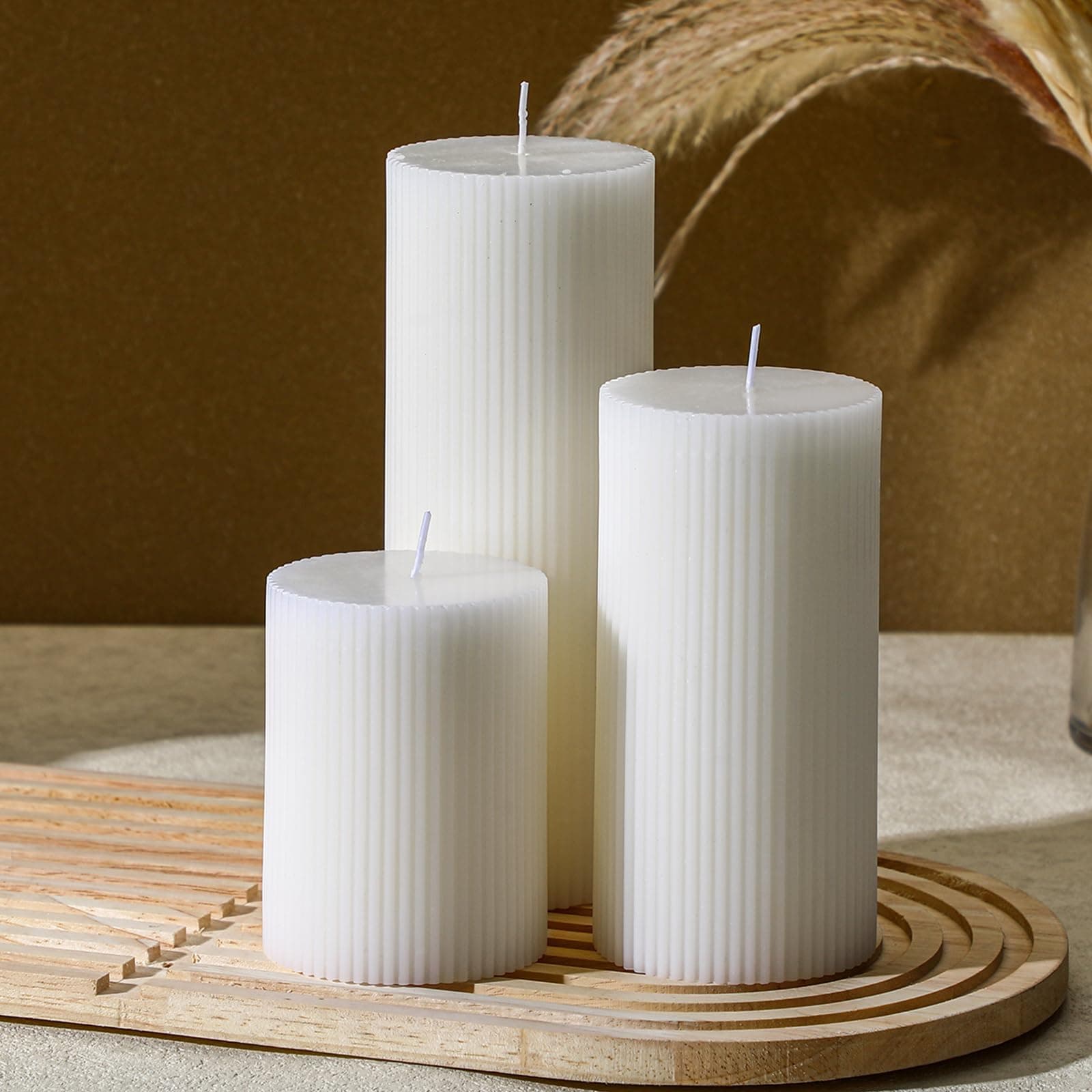 3-Pack Aesthetic Ribbed Soy Wax Candles, White, 3" to 8" High for Home Decor