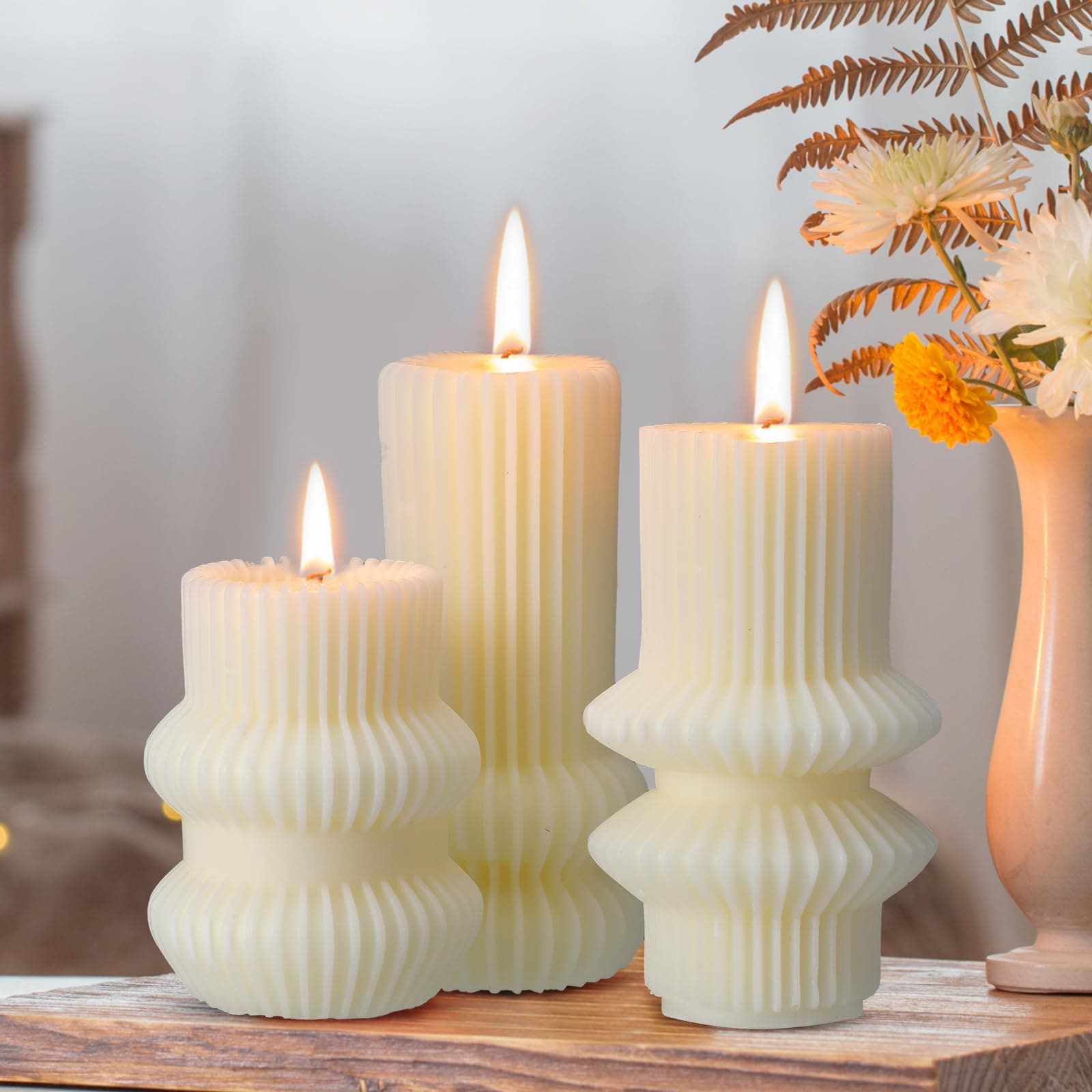 MTLEE Ribbed Pillar Candles for Modern Home Decor