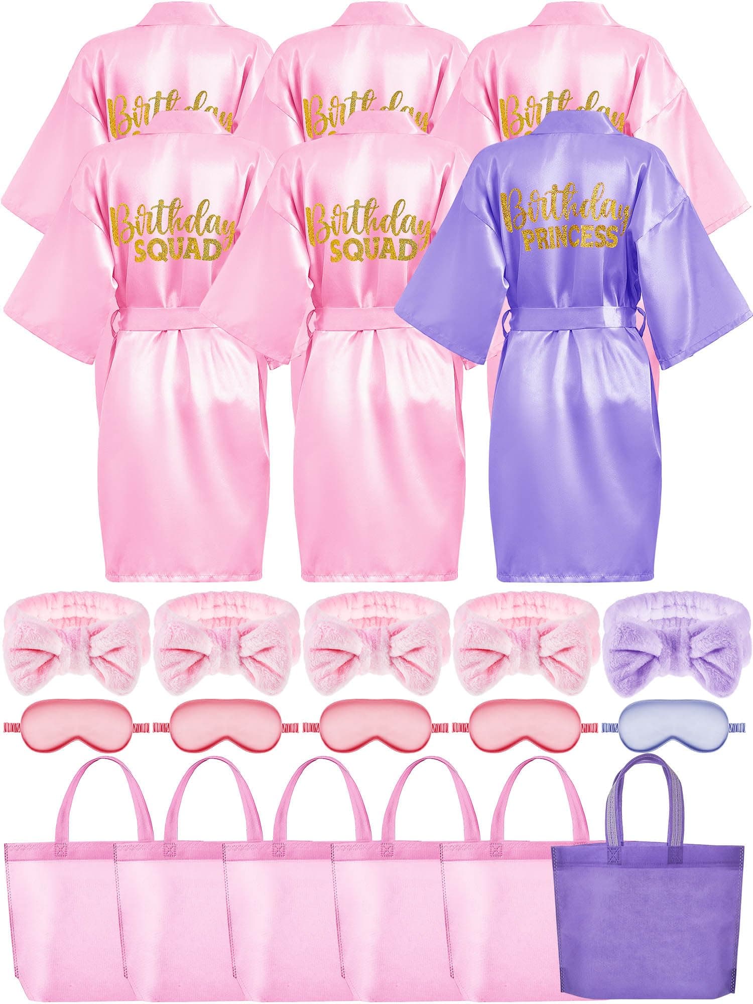 Sintuff 24 Pcs Kids Spa Party Supplies: 6 Robes, 6 Tote Bags, 6 Headbands, 6 Masks for Girls