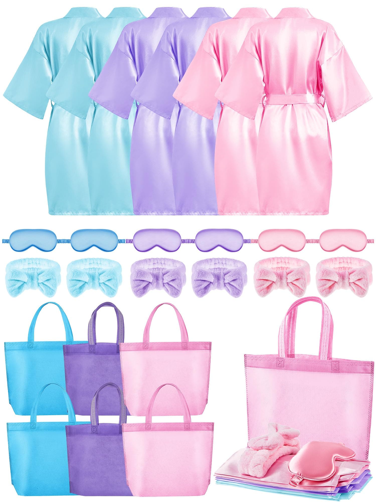 24 Pcs Sleepover Party Supplies for Girls: Spa Party Robes, Tote Bags, Headbands, and Masks
