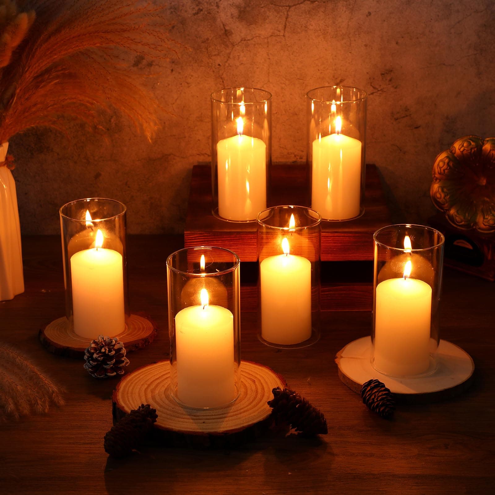 6-Pack Open-Ended Hurricane Candle Holders, Glass Tube with Pillar Candles (3x6 inches)