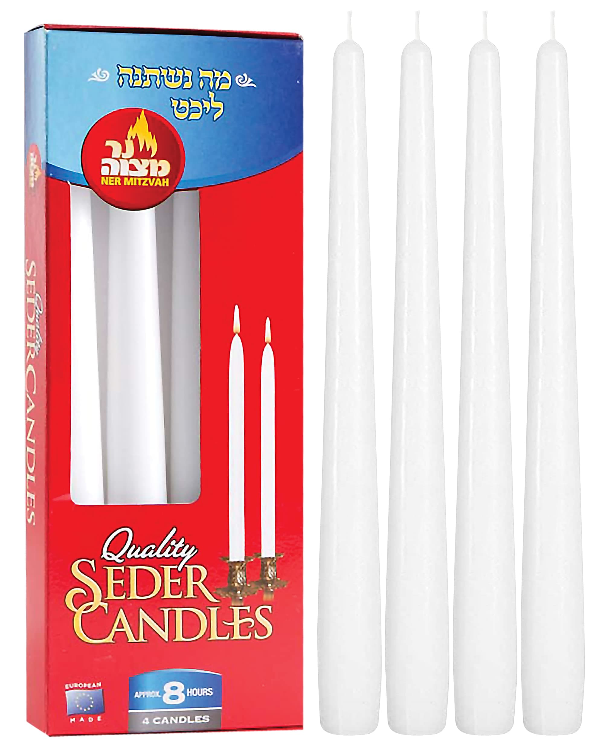 Passover Seder Candles - 8 Hour Burn Time - European Made - Pack of 4 Taper Candles