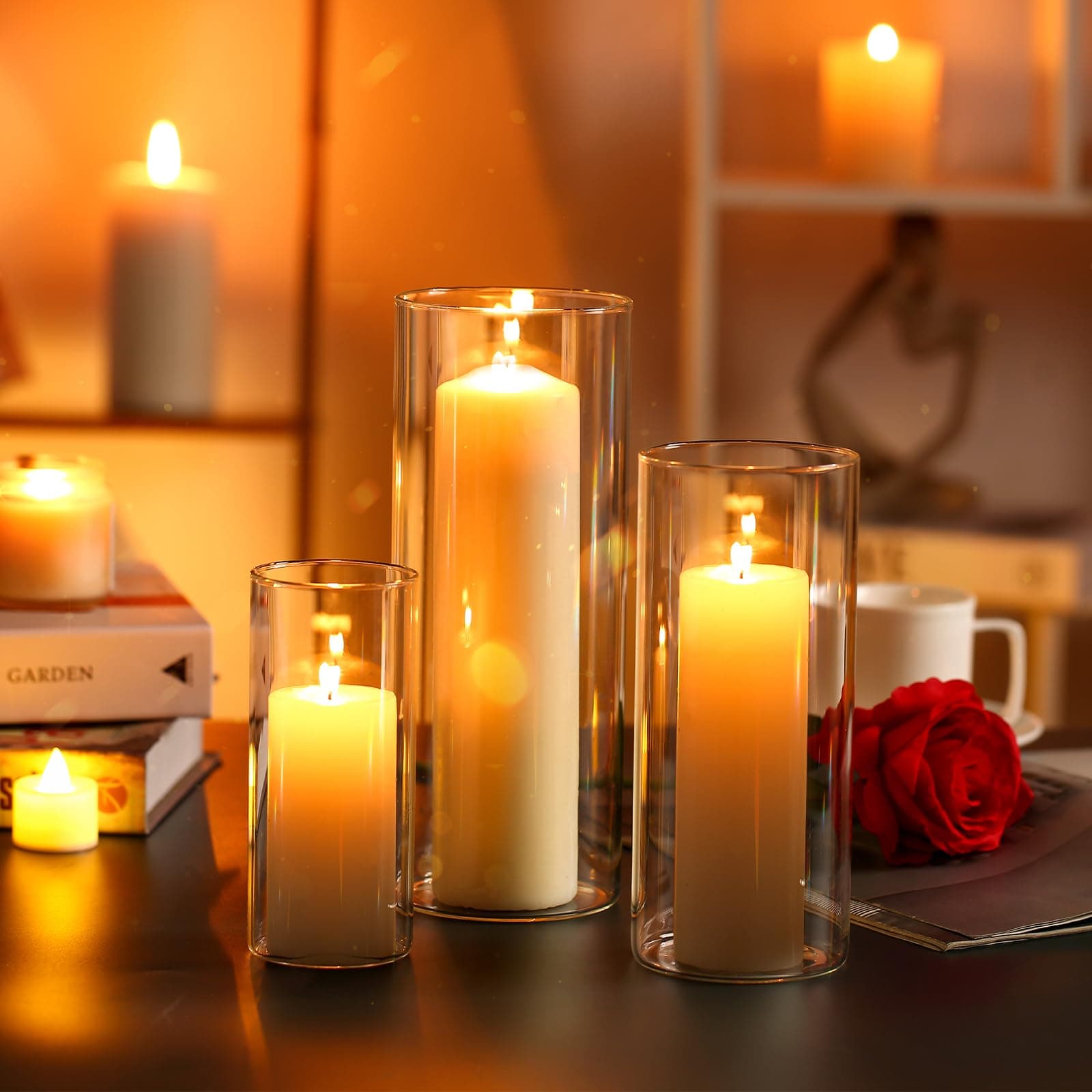 Hurricand 3PCS Glass Pillar Candle Holder for Weddings and Centerpieces