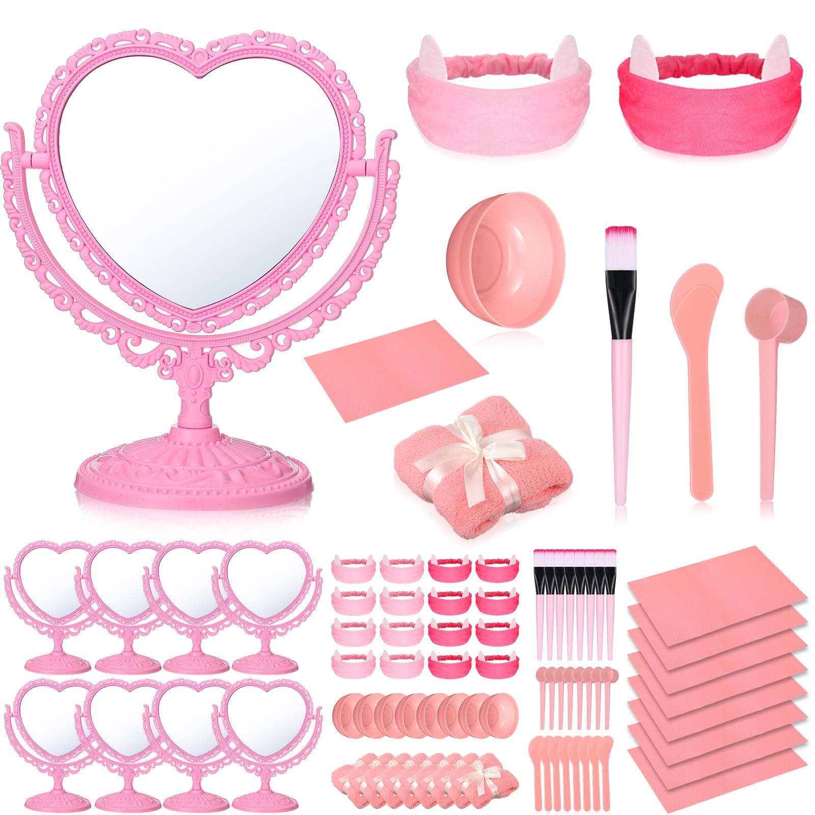 8 Piece Spa Party Kit: Heart Mirror, Desk Mat, Face Brush, Bowl, Headband, Towel - Sleepover Essentials