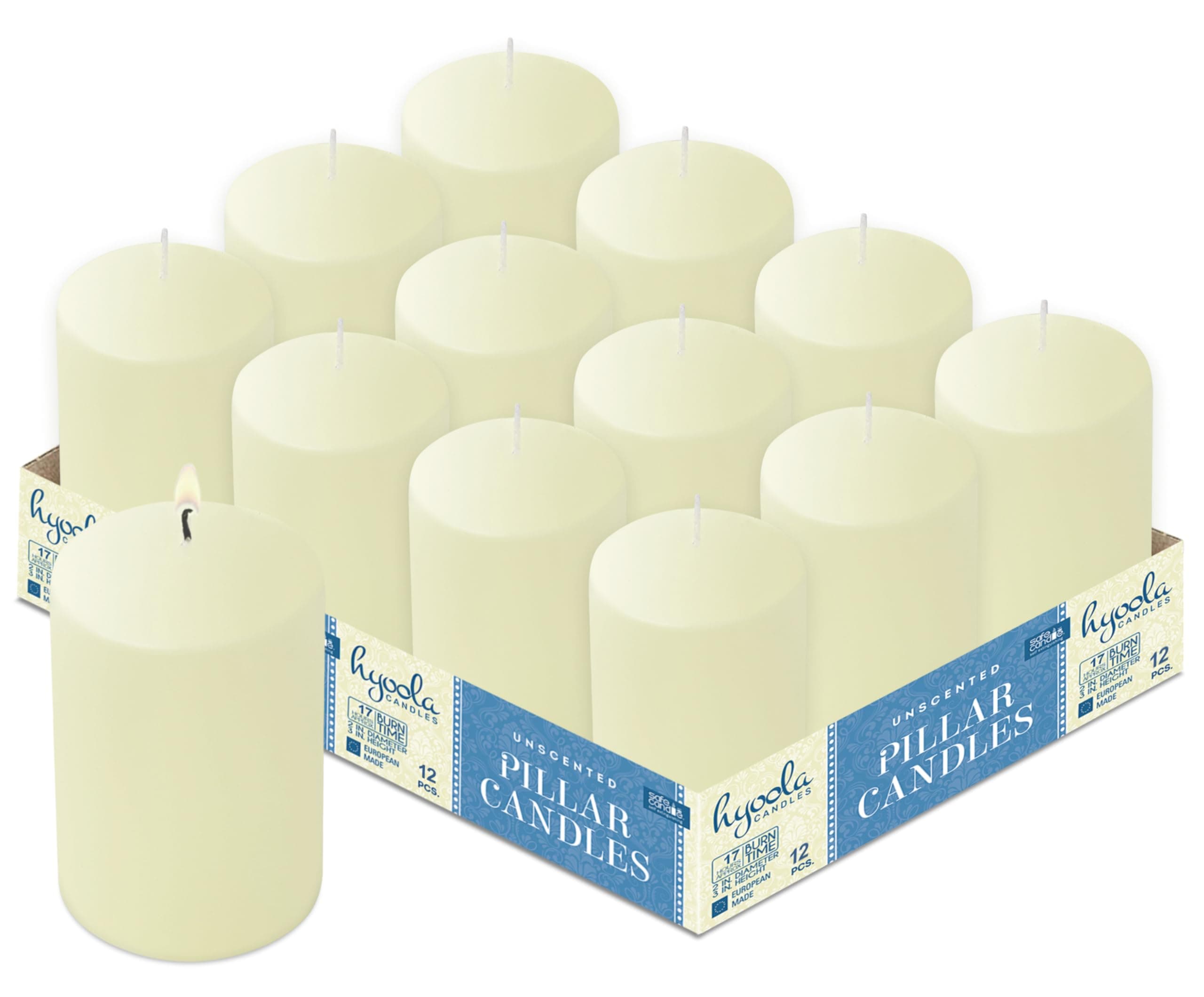 Hyoola Ivory Unscented Pillar Candles - 12 Pack EuropeanMade