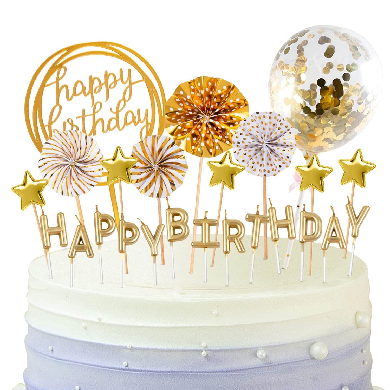 BEAN LIEVE Gold Birthday Candles Confetti Balloon Stars & Cupcake Toppers 12PCS Celebration Decor