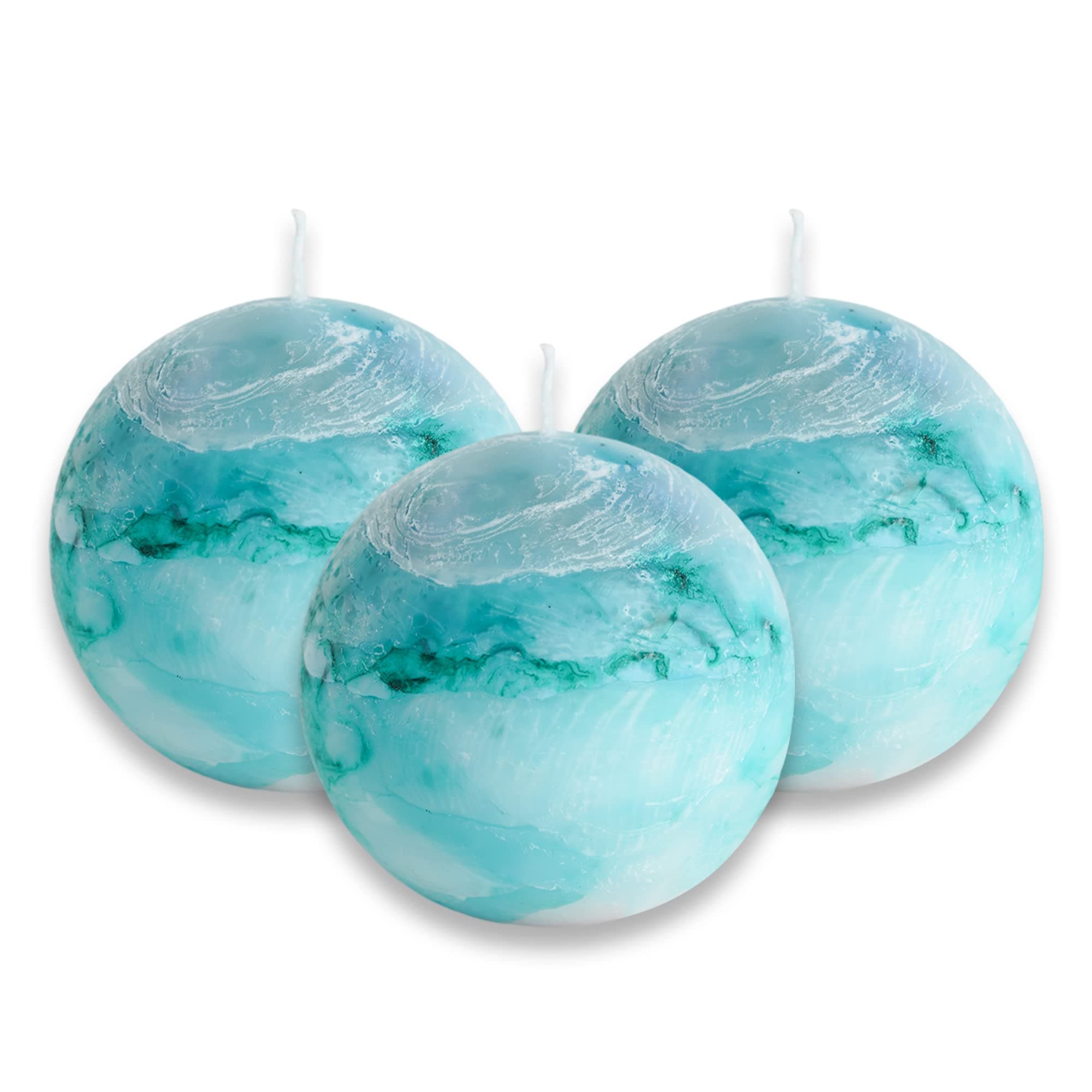 Turquoise Rustic Ball Pillar Candles for Weddings and Home Decor - Set of 3