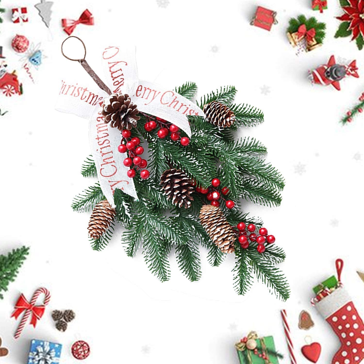 Pine Needle Door Wreath with Red Fruit, 22in Christmas Swag Decoration