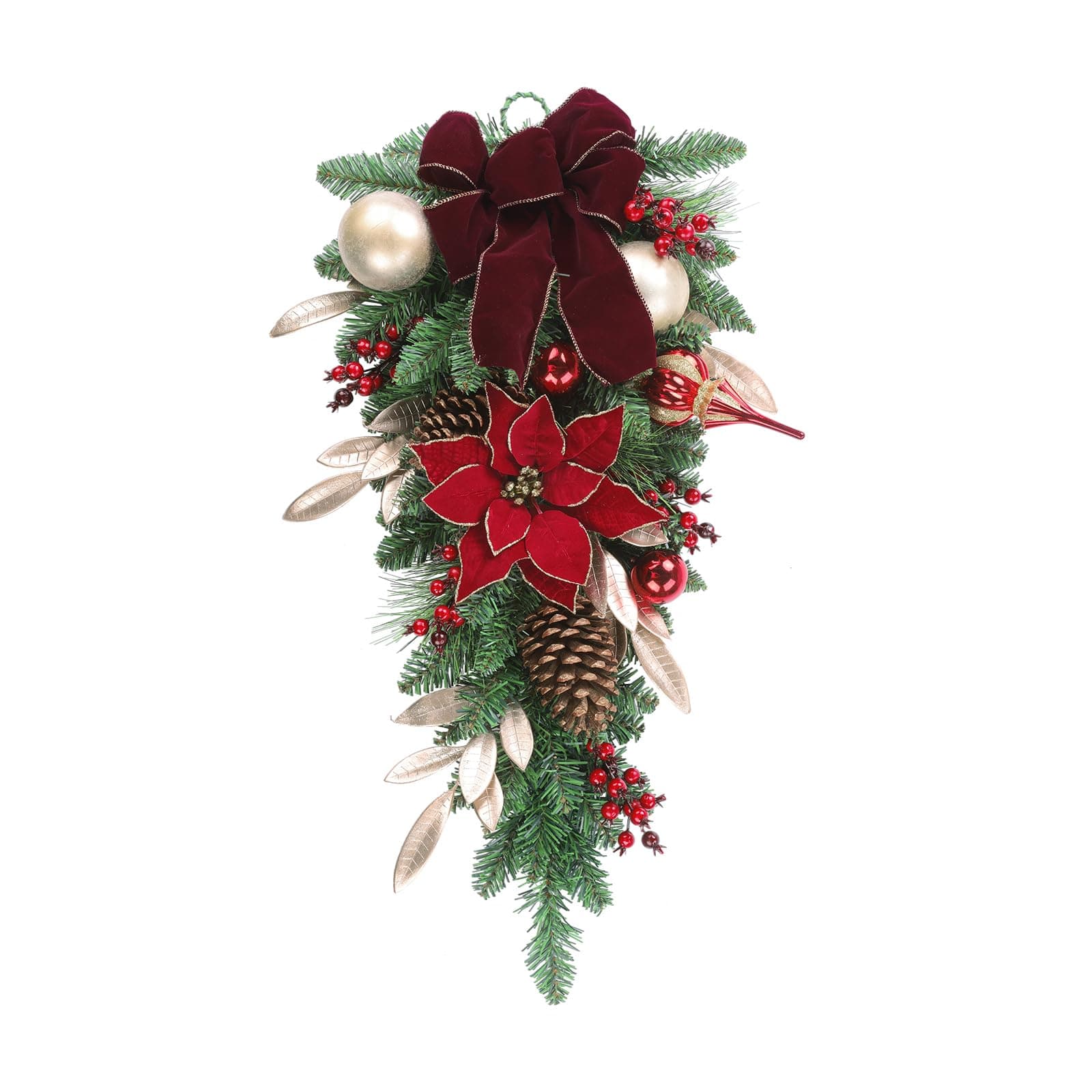 SHACOS 30" Christmas Teardrop Swag - Red Poinsettia & Accents
