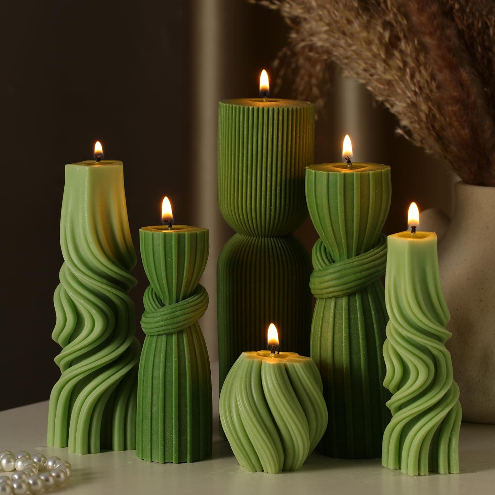 Modern Aesthetic Ribbed Soy Wax Pillar Candles Set (Green, 2.36-6.89 Inch)