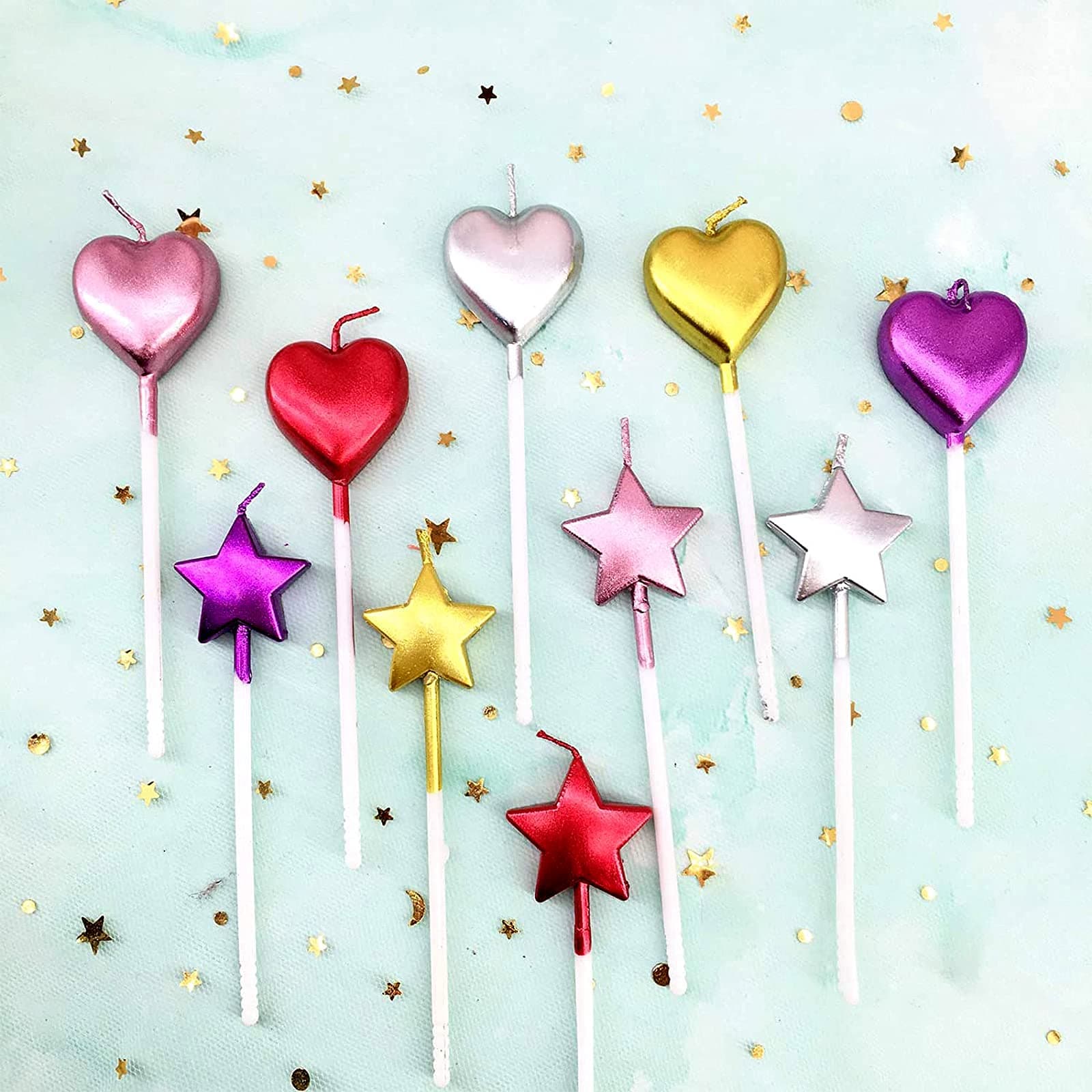 10 Cute Heart & Star Birthday Candles for Party and Wedding Cake Decoration Supplies