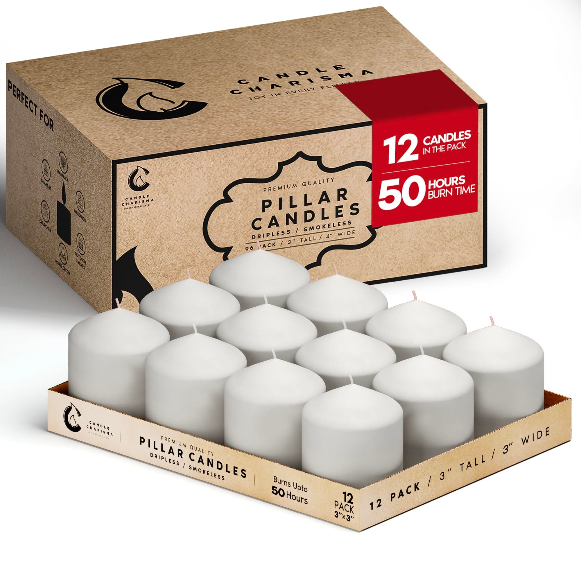 White Pillar Candles Pack of 12, 3x3 Inch, 50-Hour Burn – Dripless & Smokeless