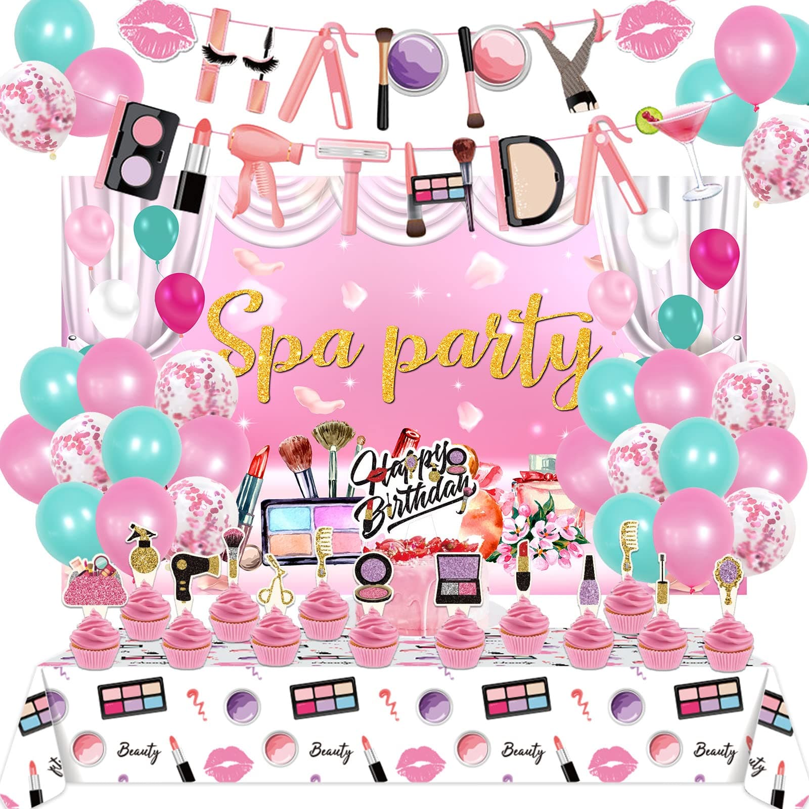 Spa Birthday Party Supplies for Girls: Cake Toppers, Balloons, Backdrop, Tablecloth, Banner