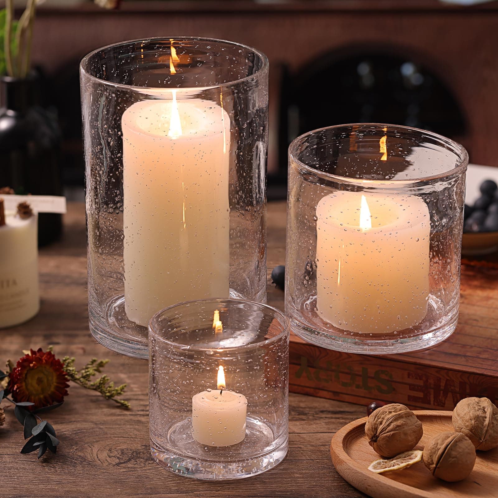 Hurricane Candle Holder Set of 3 Clear Seeded Bubbles Glass for Table Centerpiece