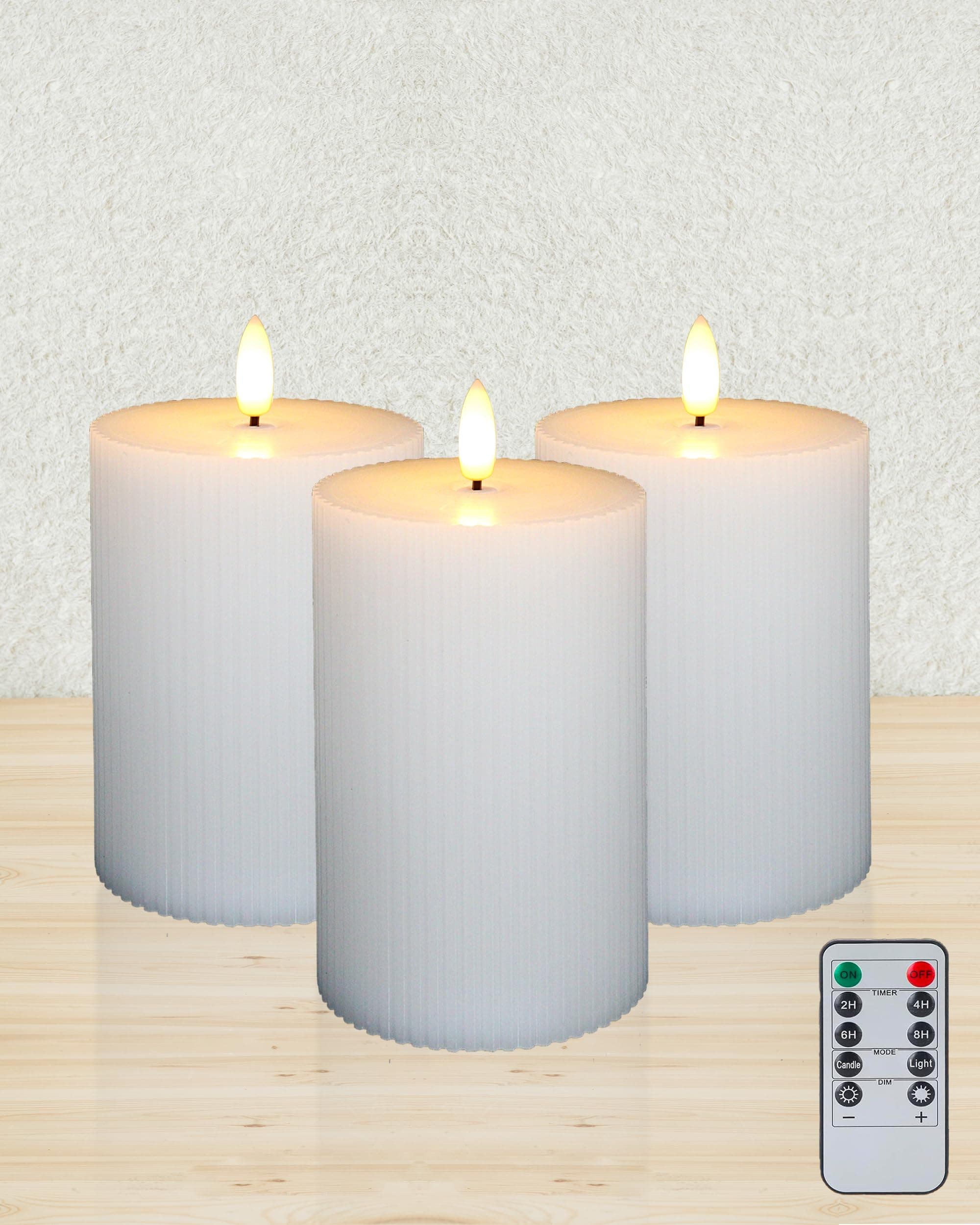 Large Real Wax Flameless Candles - 3Pack White Ribbed(LED, Timer, Remote)