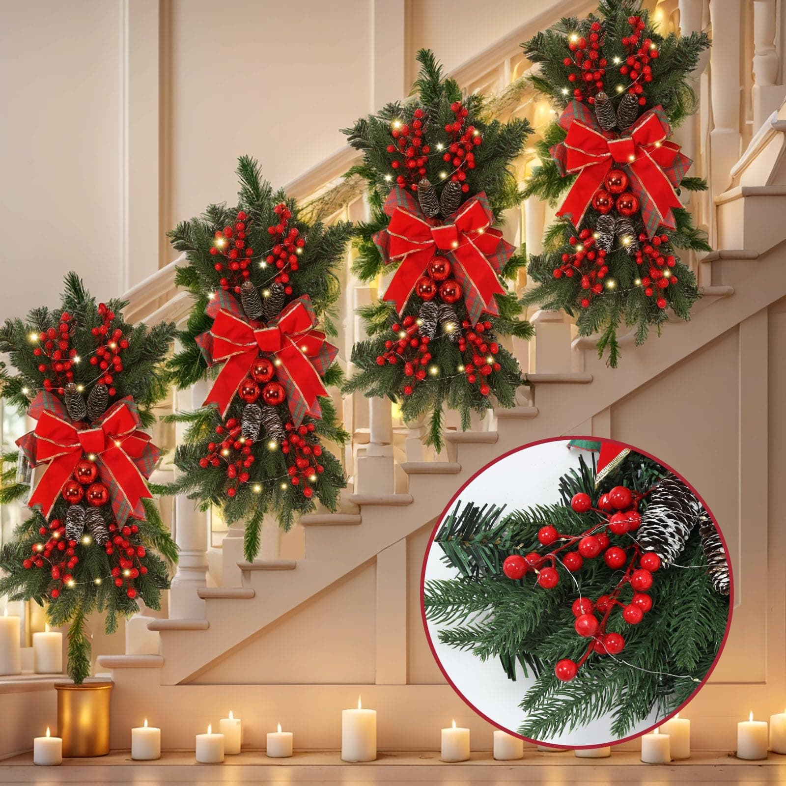 24" Prelit Artificial Christmas Teardrop Swag Hanging Wreath for Home Garden Decor