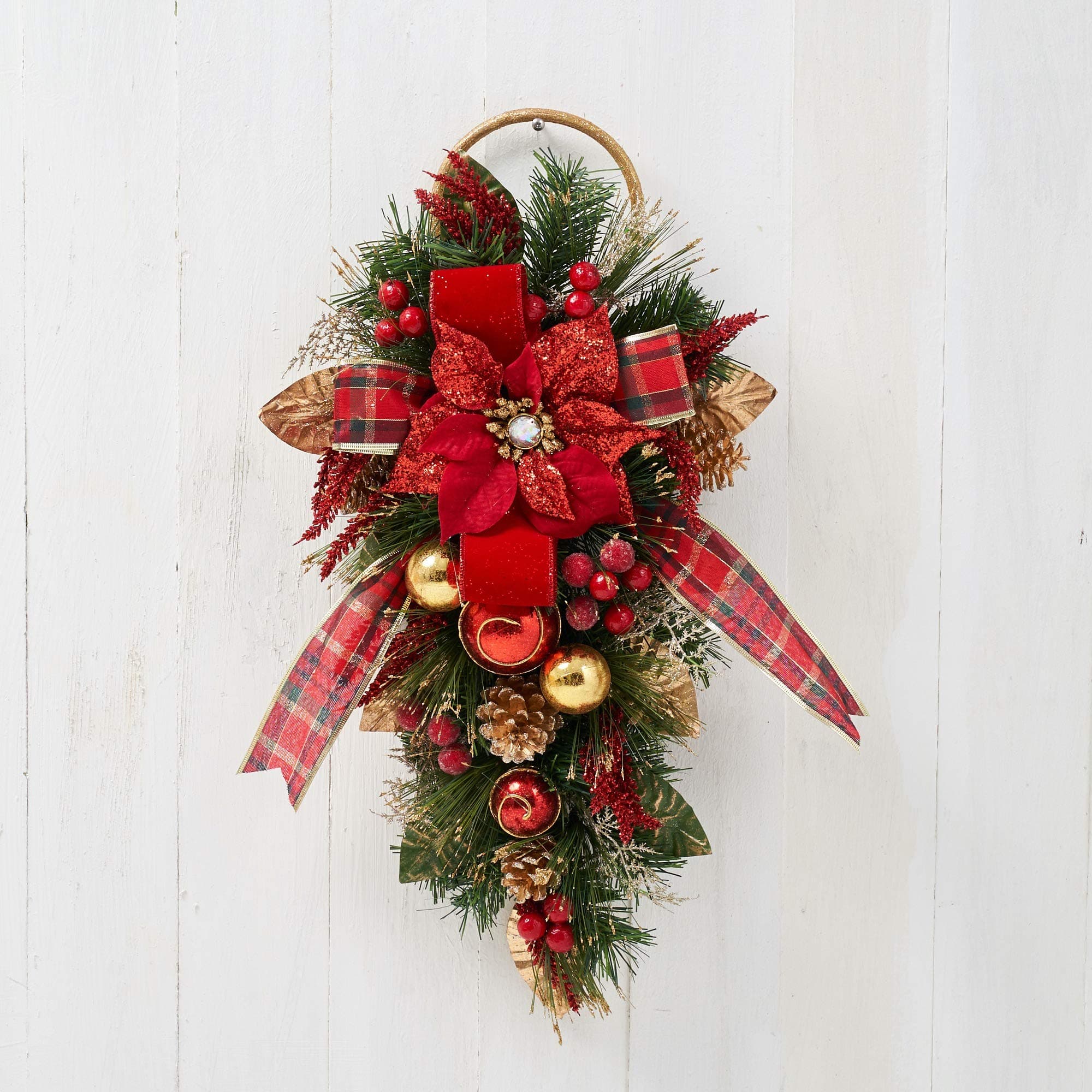 25" Handcrafted Red Poinsettia Swag with Glitter, Faux Florals & Plaid Ribbon