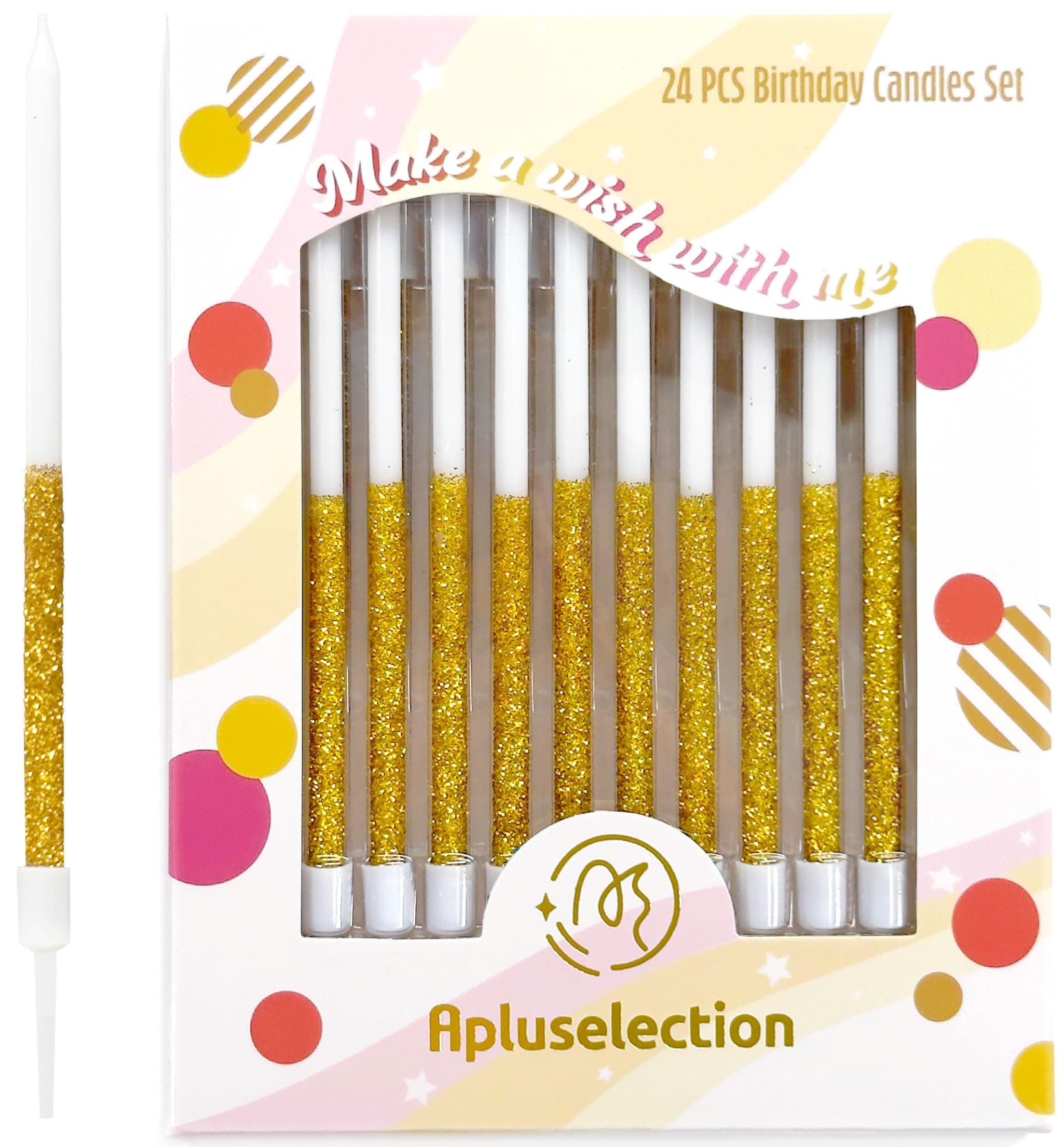 Gold Sparkle 24-Pack 5.5" Long Thin Glitter Birthday Candles