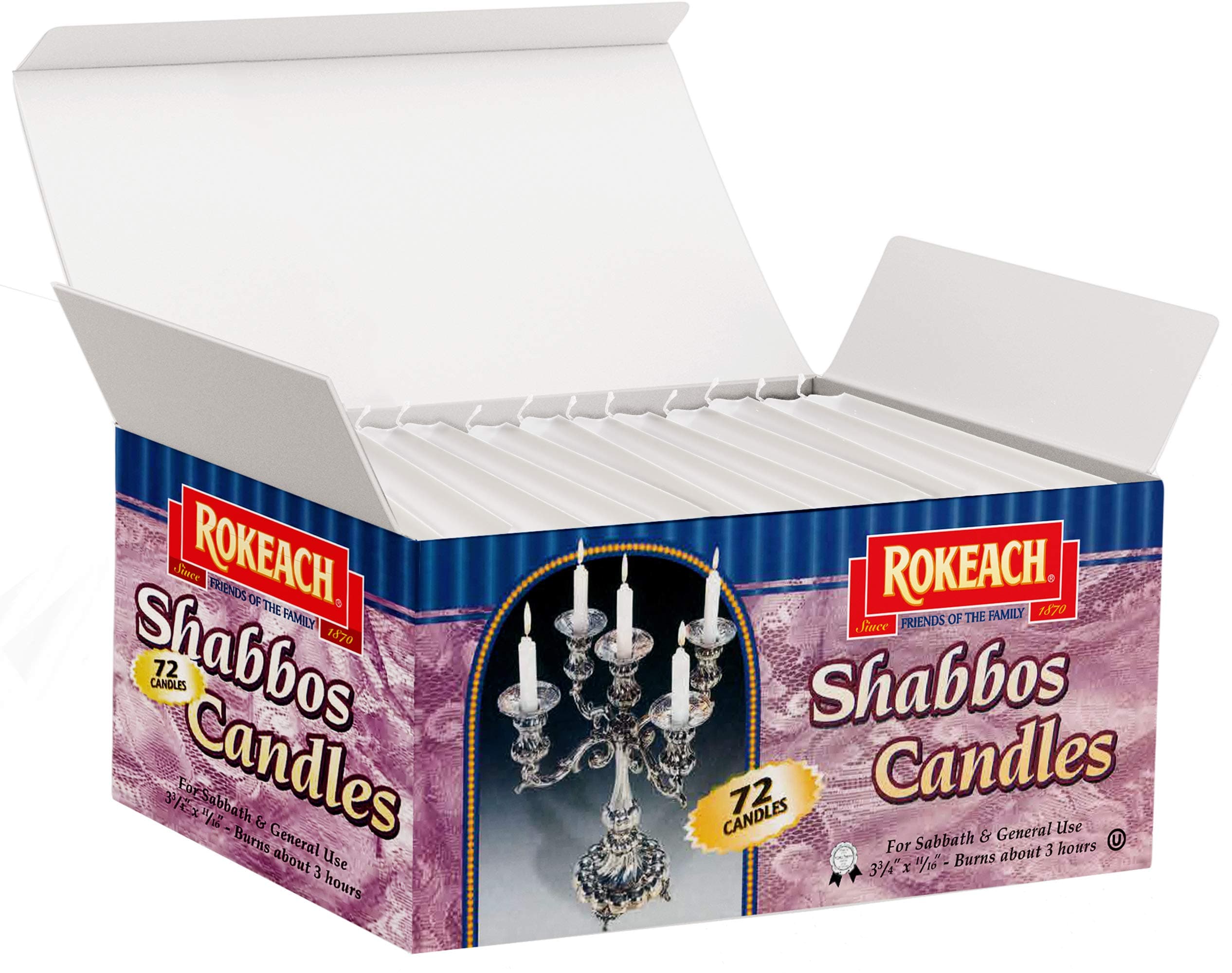 Rokeach Traditional Shabbat Candles, 72 Count, for Candlesticks and Chanukah