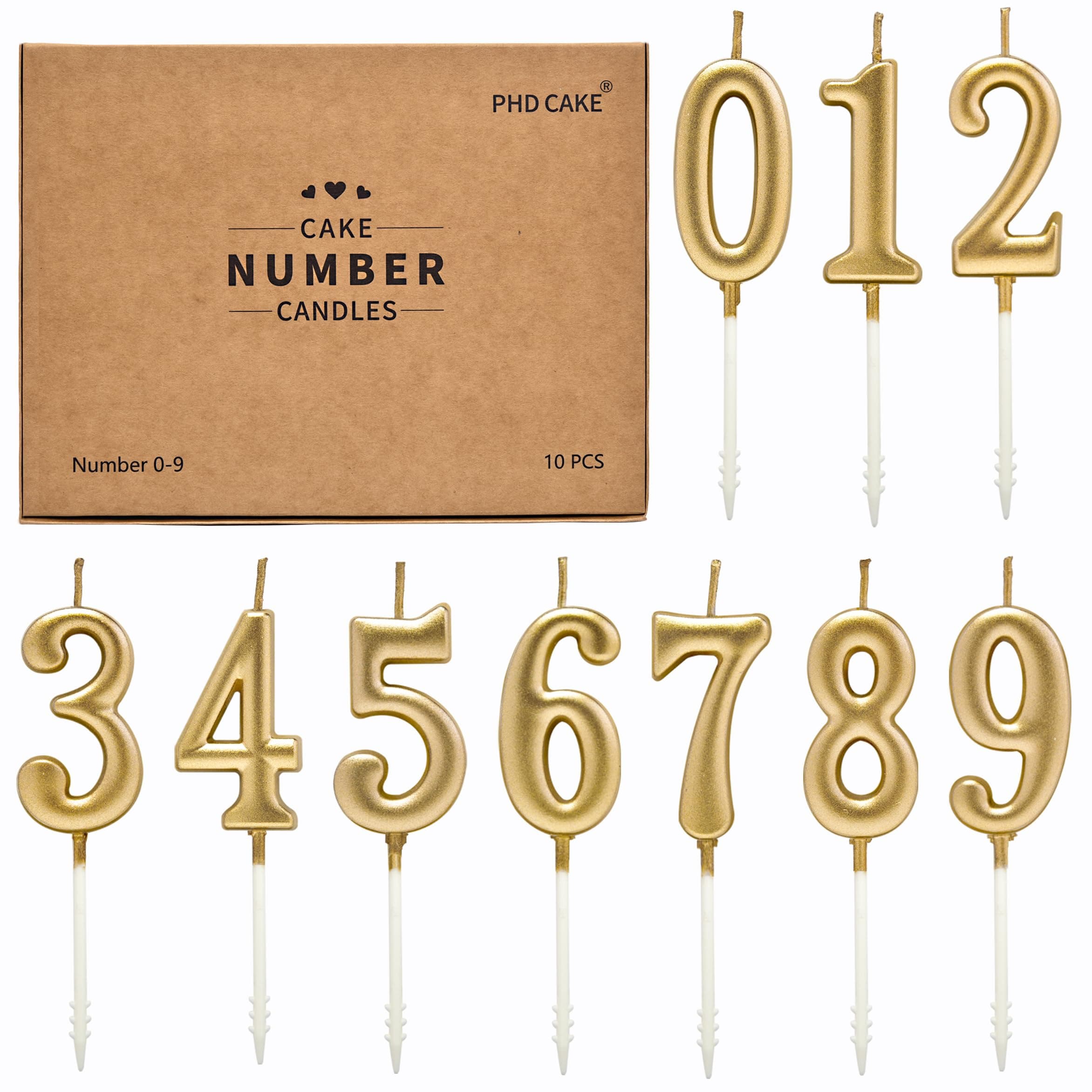 PHD Champagne Gold Number Birthday Candles 0-9 Glitter Cake Topper