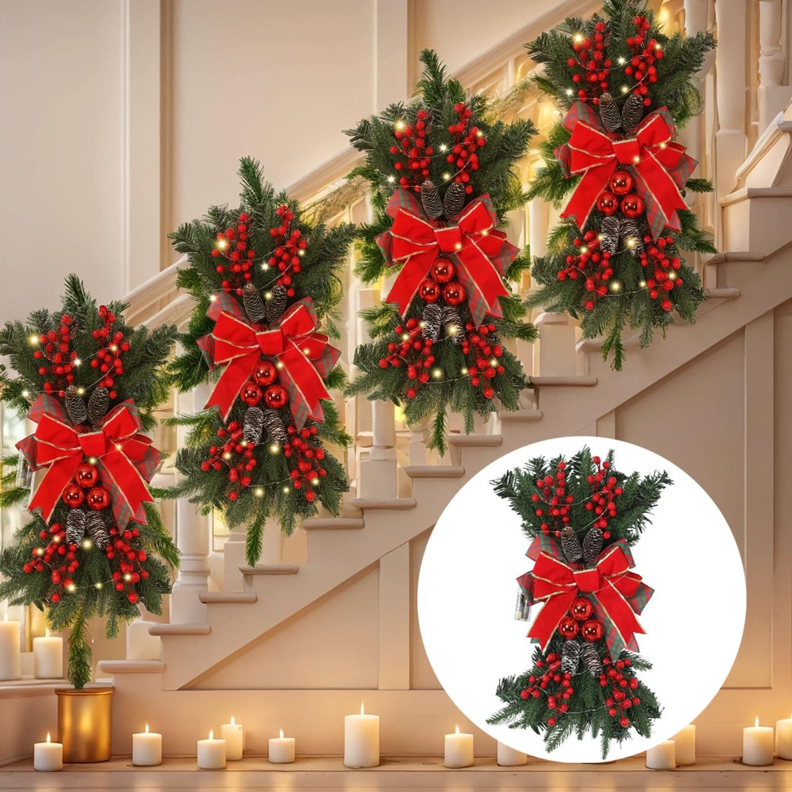 4 Pack Red Teardrop Christmas Wreath Decorations for Front Door (4PCS)