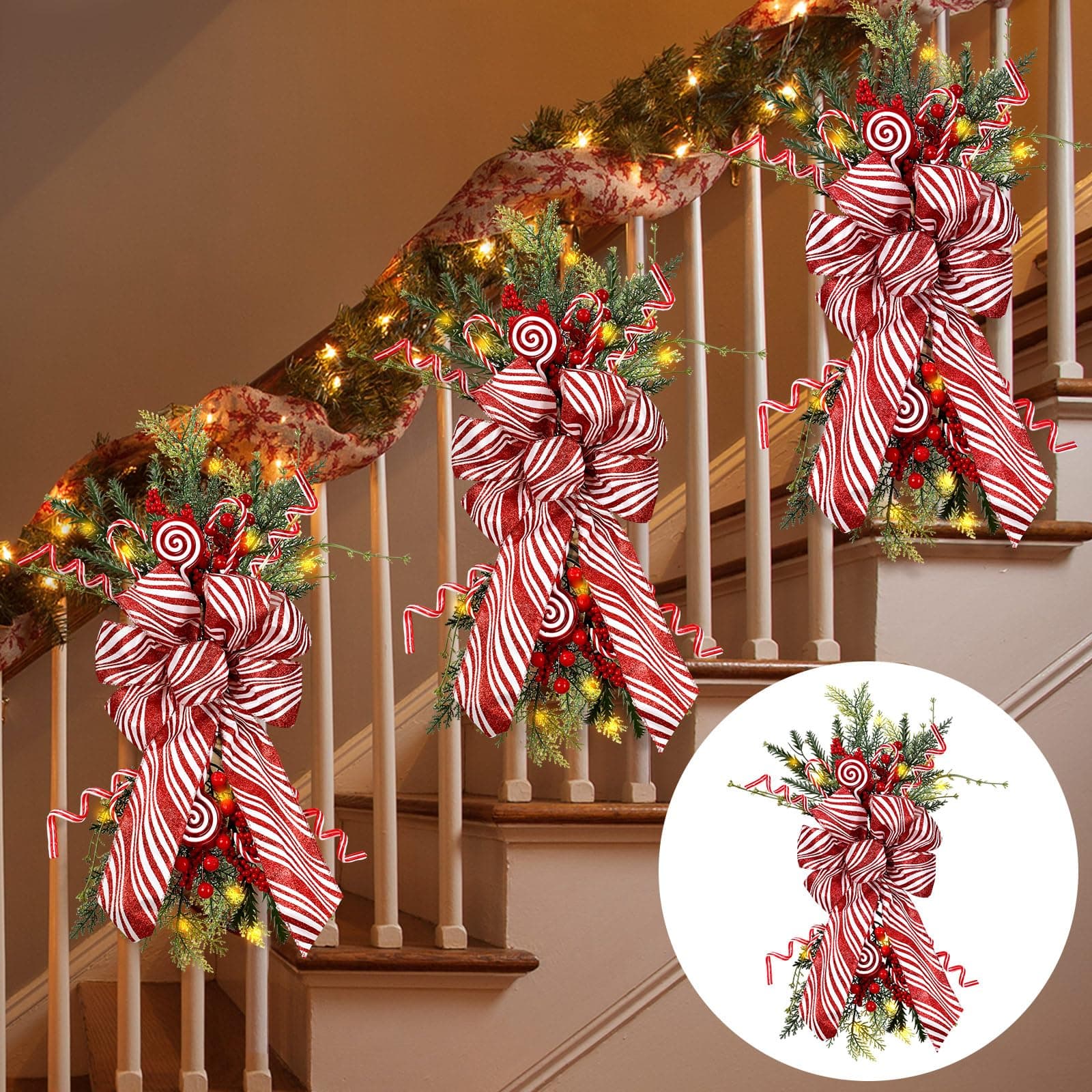 Hiboom 3 Pack 24 Inch Teardrop Prelit Christmas Swags with LED Lights