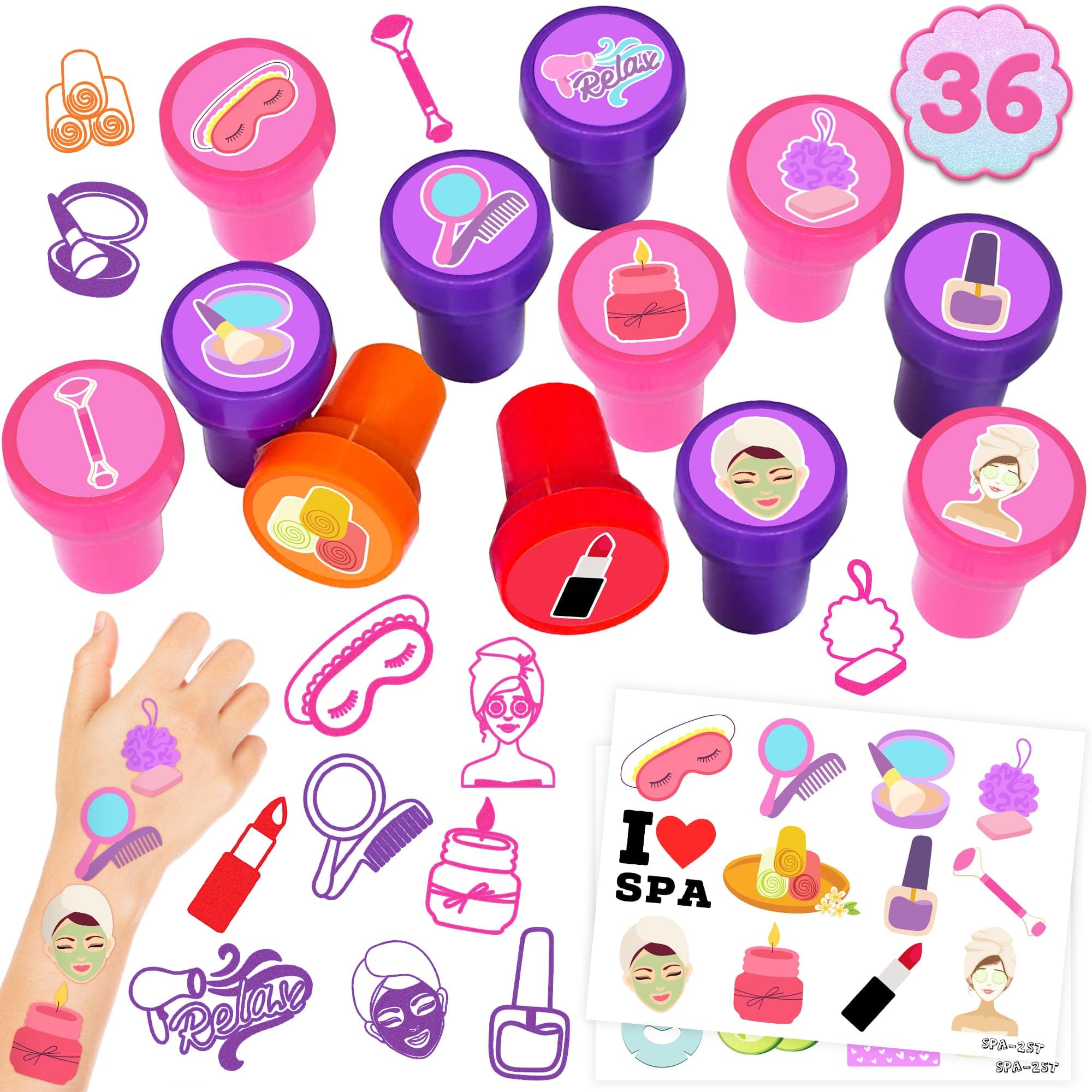 36PCS Spa Party Favors: 24 Temporary Tattoos + 12 Stamps for Makeup Sleepovers & Birthday Decorations