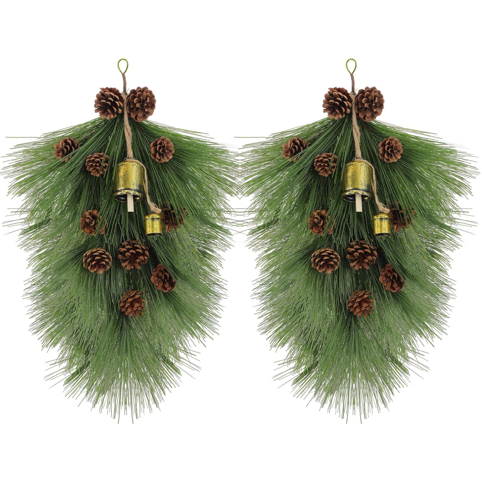 Giegxin 2 Pack 22 Christmas Pine Needle Teardrop Swags with Pinecones and Bells for Home Decor