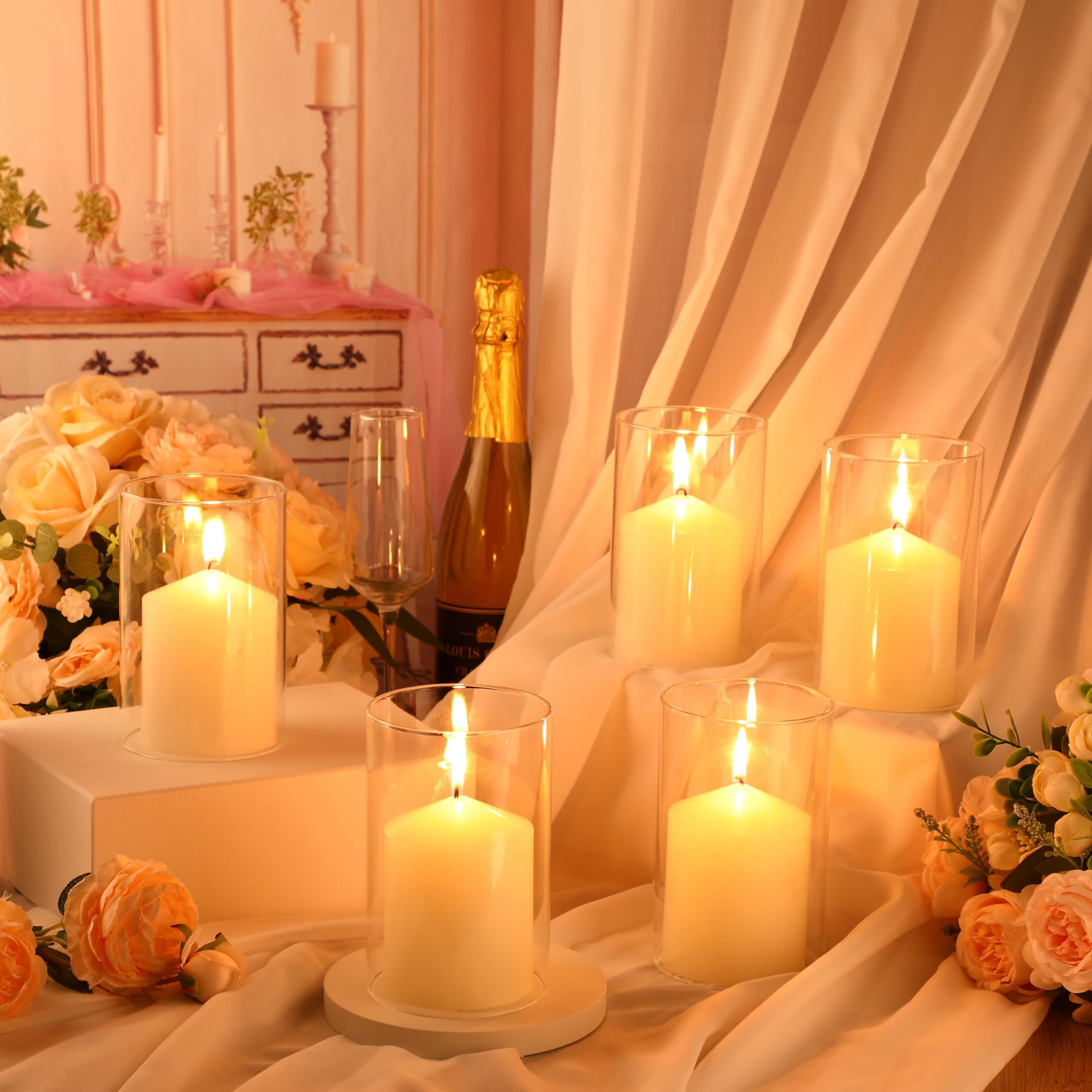 6-Piece White Pillar Candles with Hurricane Glass Cylinder Vases