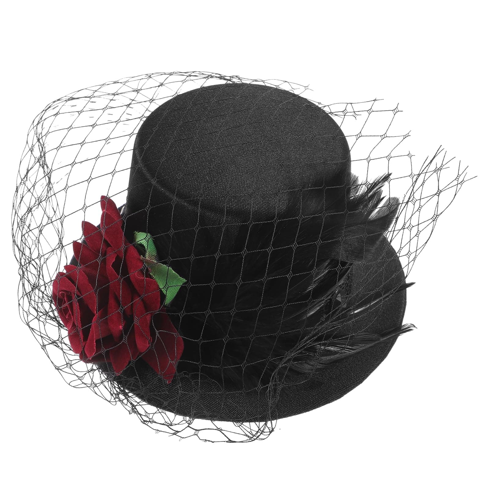 BESPORTBLE Victorian Mini Top Hat - Classic Black Hair Clip with Red Rose and Veil