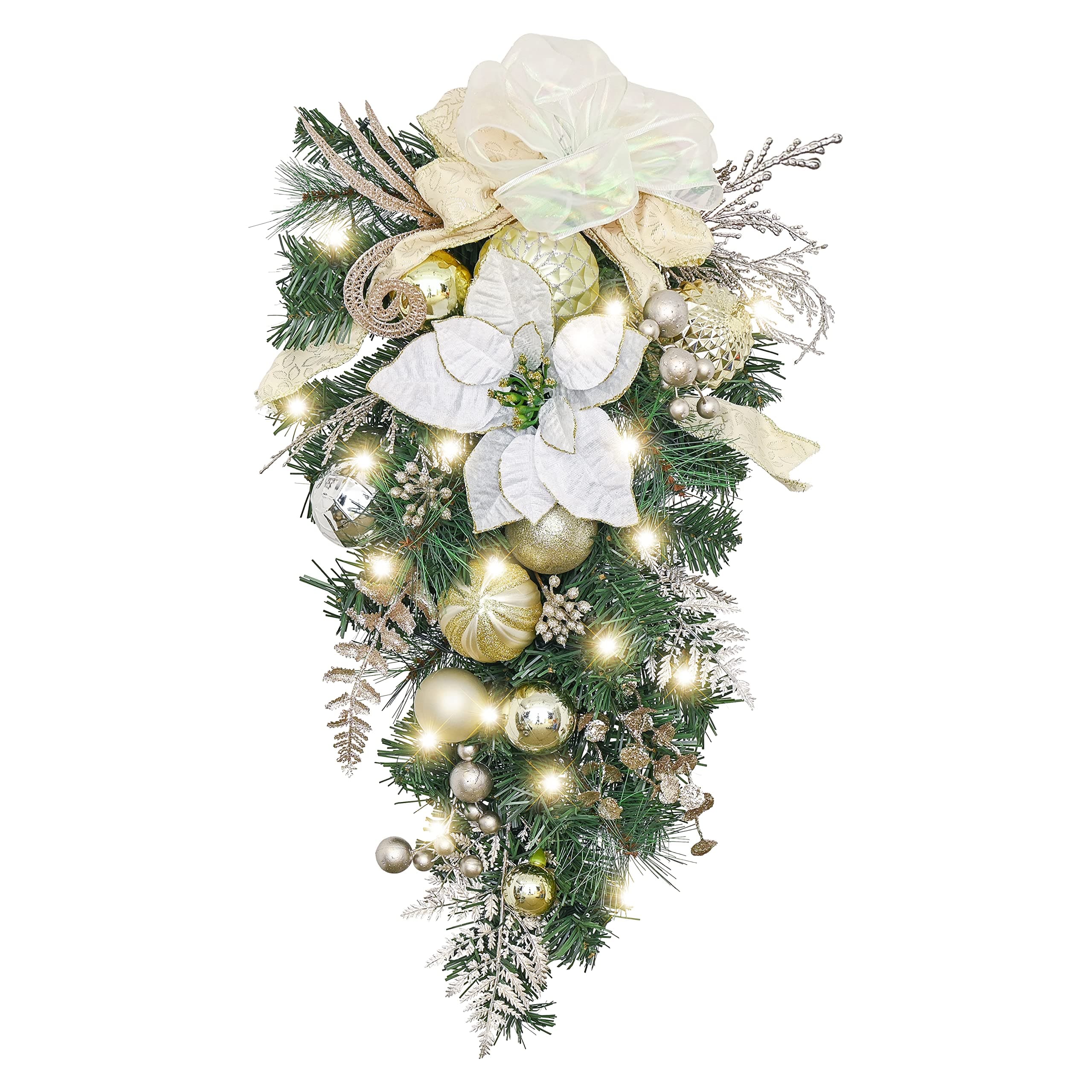Valery Madelyn Pre-Lit Outdoor Teardrop Swag, 24 Inch White Gold Ornament Decor