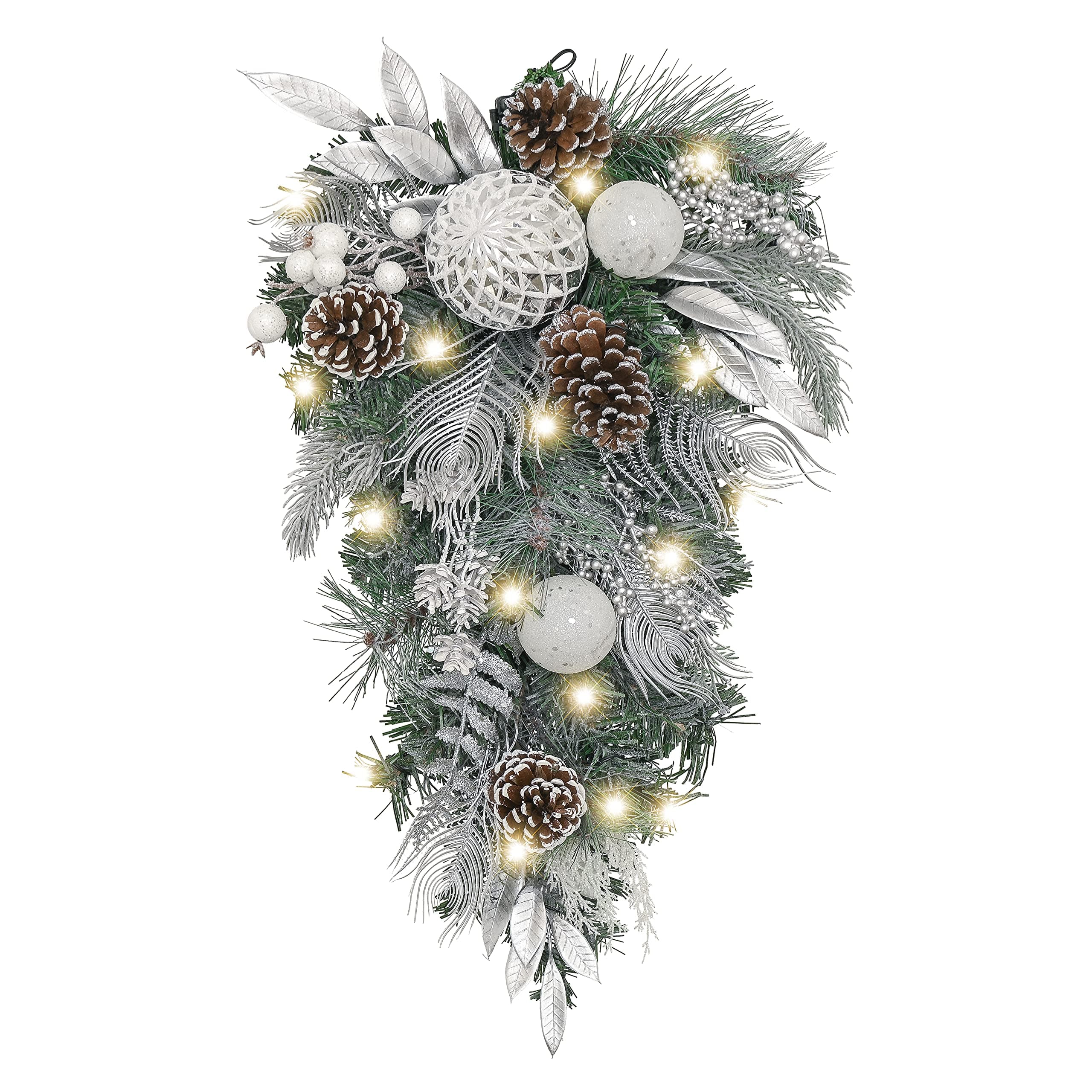 Stunning 24 Inch Silver White Pre-Lit Teardrop Swag with 20 LED Lights for Outdoor Xmas Decorating
