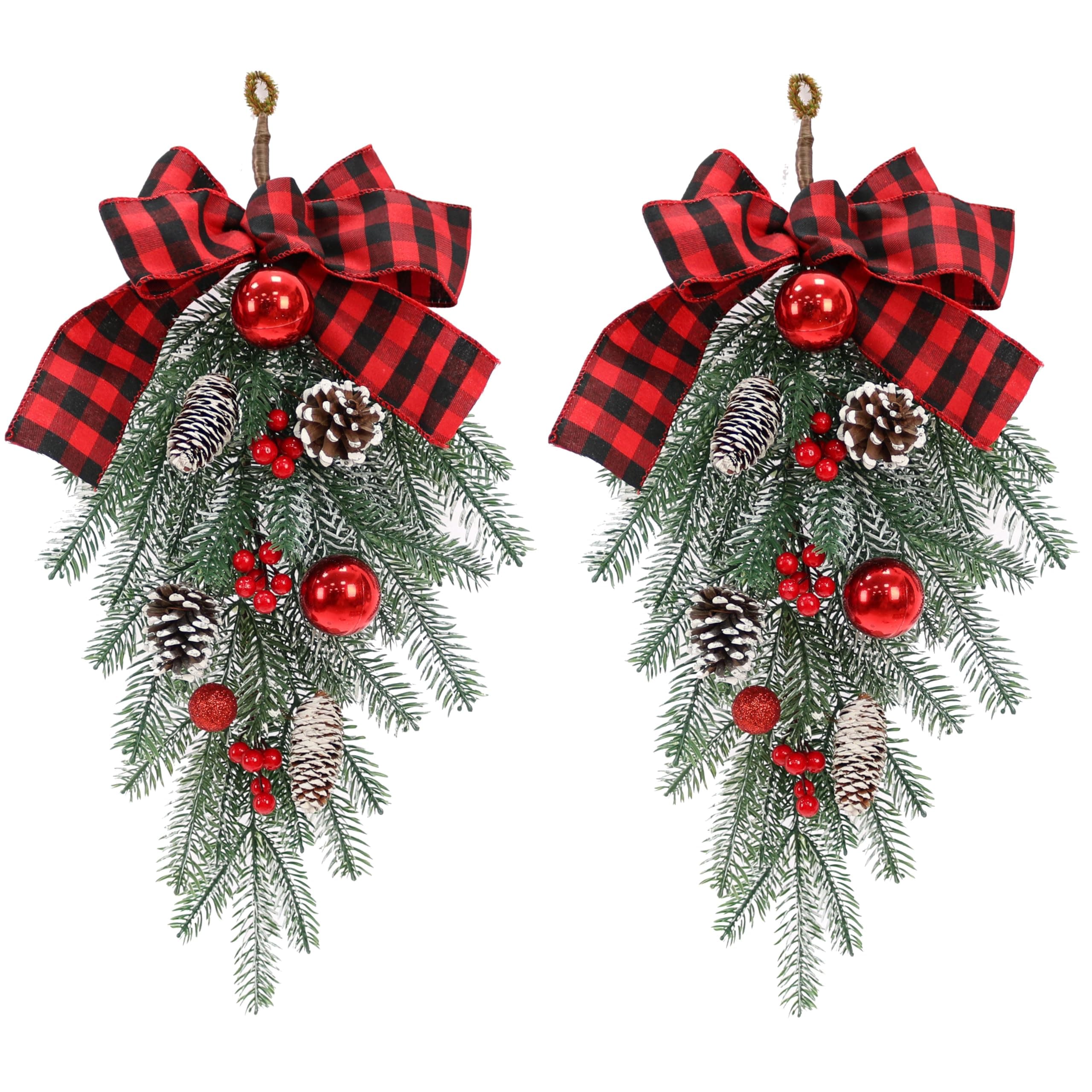 Red Bow Teardrop Ornament Winter Swag for Outdoor Front Door Decor