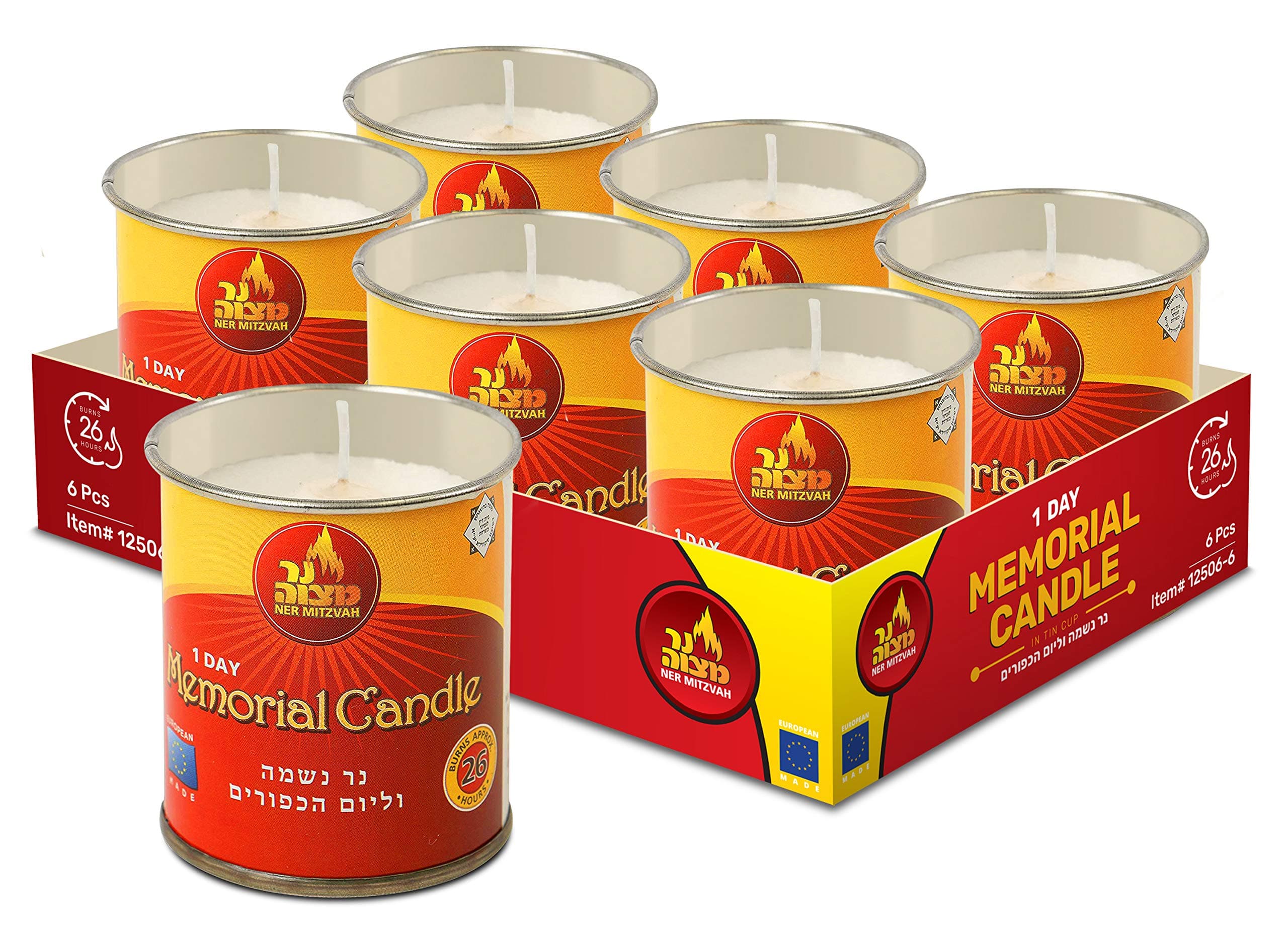 Ner Mitzvah 1 Day Yartzeit Candle, 6 Pack, 24 Hour Kosher Tin Cup Holder