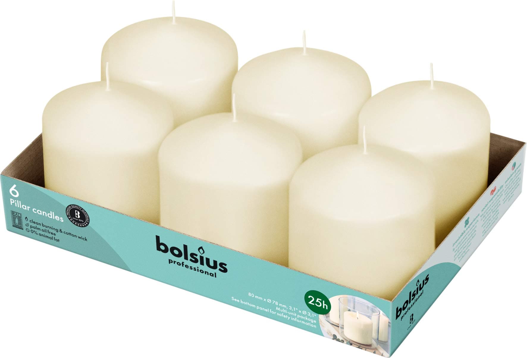BOLSIUS 6 Ivory Pillar Candles - 3x3 Inches, 25+ HoursBurn Time - No Palm Oil, Premium Quality
