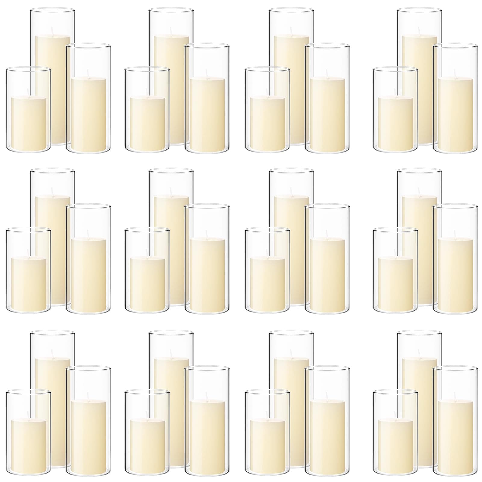 36-Piece Wedding Centerpiece Set: Ivory Pillar Candles with Clear Glass Cylinder Holders