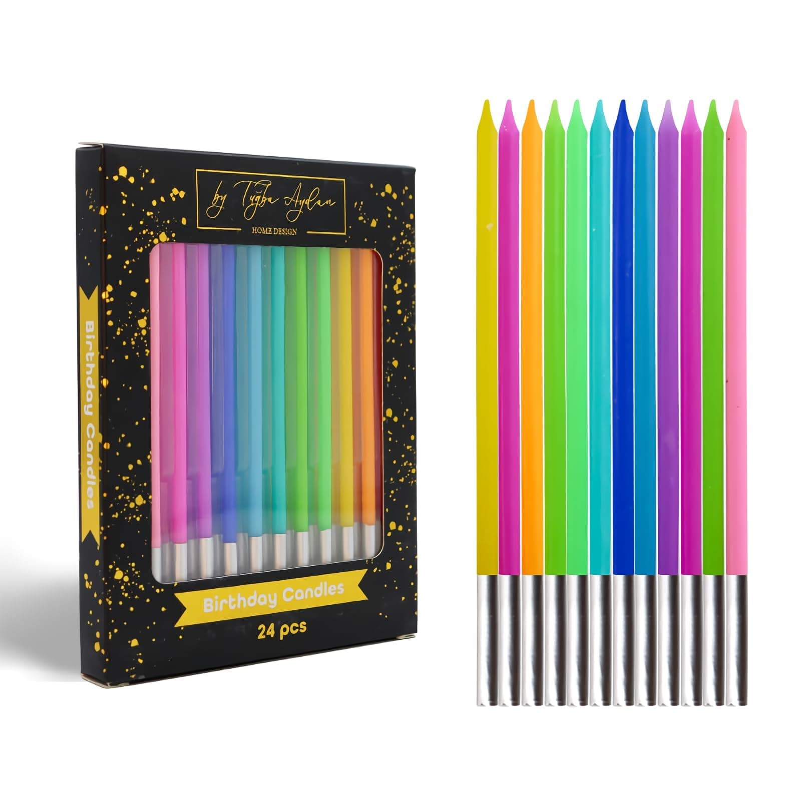 Birthday Candles - 24 Count Long Thin Rainbow Candles for Cake, Metallic Cake Candle for Birthday, Party