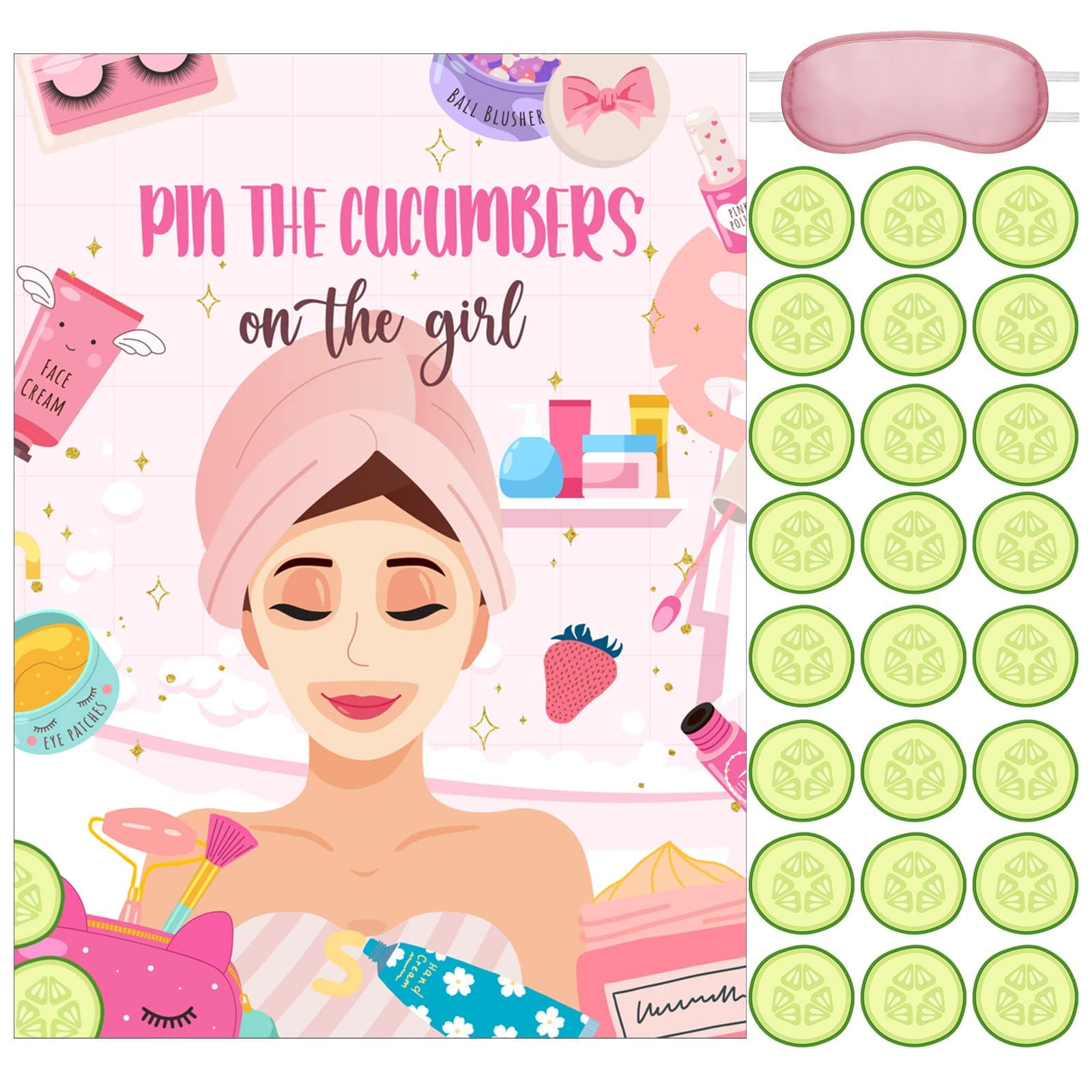 Spa Party Games: 38 Pieces Pin The Cucumbers on The Girl Spa Stickers Poster with Blindfolds for Kids, Women Spa Birthday Party Supplies