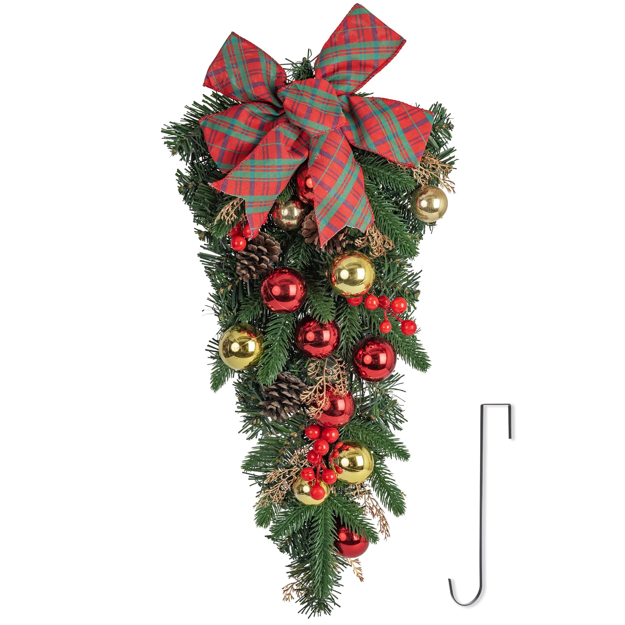 24" Plaid Bow Teardrop Wreath for Christmas Home Decor Outdoor