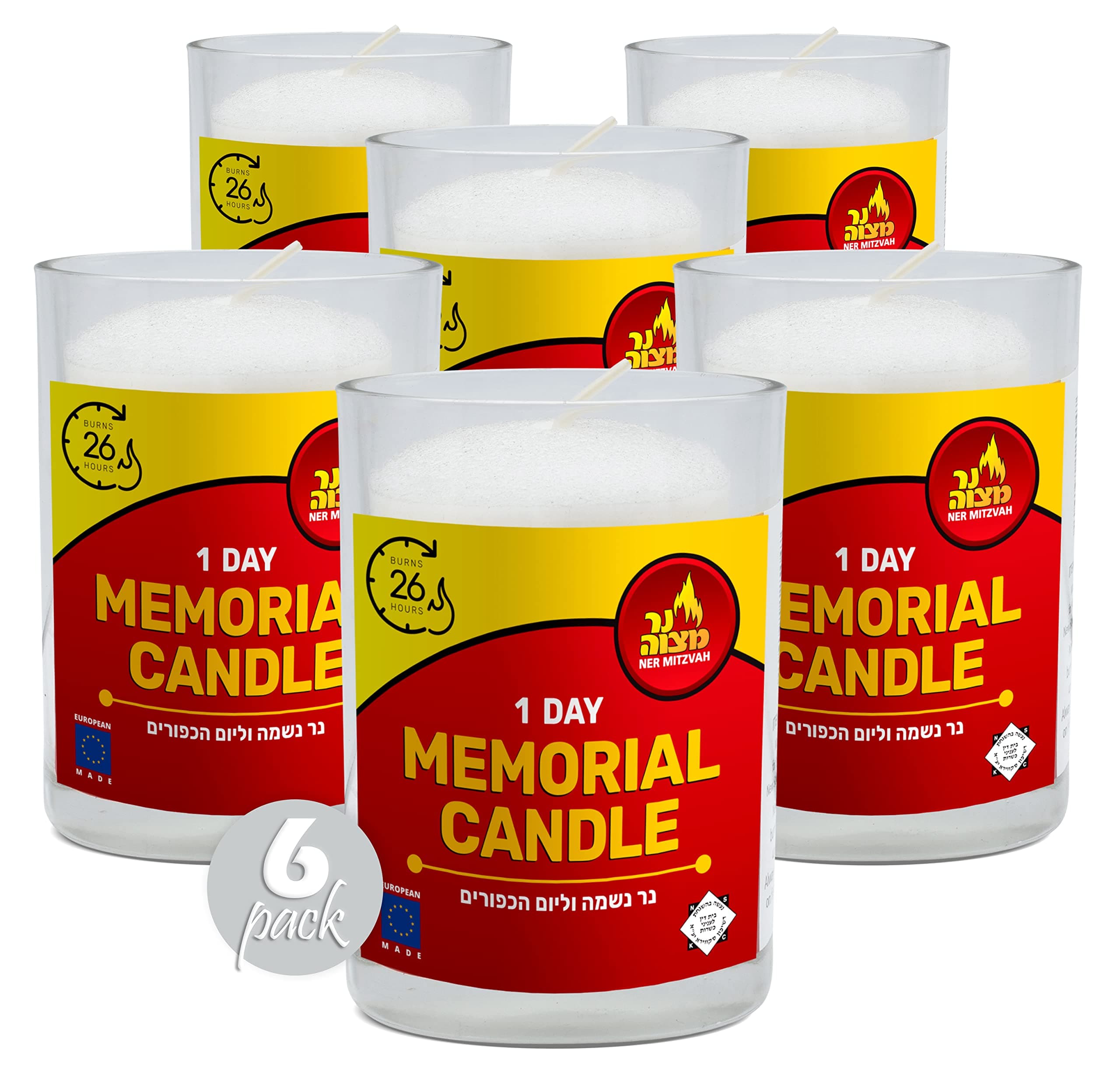 6 Pack 24 Hour Kosher Ner Mitzvah Yahrtzeit Memorial Candle Glass Jar
