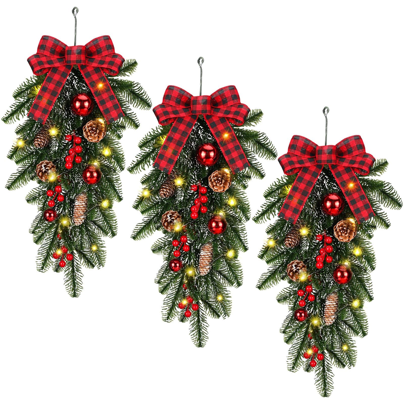 Warm Lighted 3PC Christmas Teardrop Swag Wreath for Door and Indoor/Outdoor Home Decor