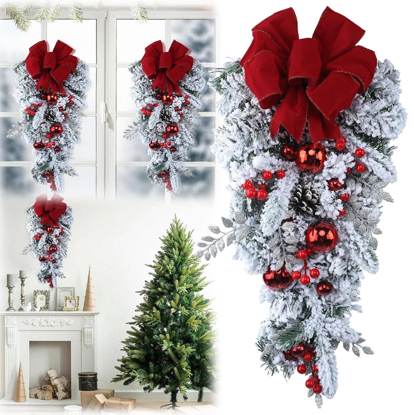 Christmas Teardrop Swags with Red Velvet Big Bowknot for Holiday Decor