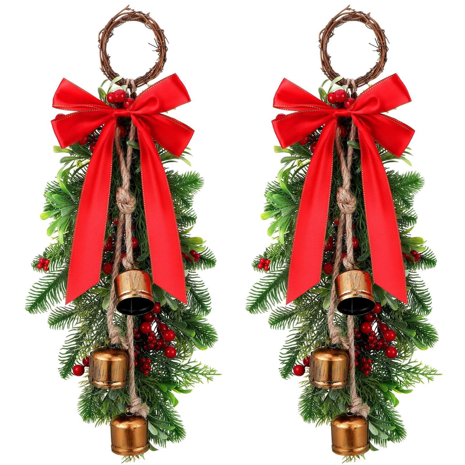 Christmas Teardrop Swags: Set of 2 with Cow Bells and Red Berries
